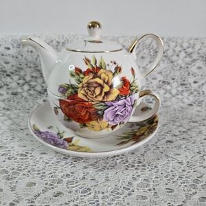 Vintage Adeline Floral Teapot and Teacup with Saucer | Cottagecore Porcelain Tea